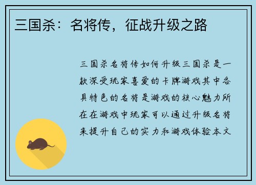 三国杀：名将传，征战升级之路