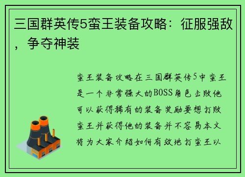 三国群英传5蛮王装备攻略：征服强敌，争夺神装